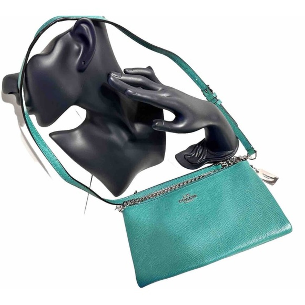 Coach Crossbody Bag Teal‎ Green Crossgrain Leather Silver Chain Strap  Y2K 40-14 - Picture 5 of 11